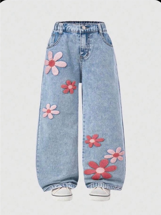 None Denim - Girls Floral Patch Wide Leg Jeans Light Wash Denim Balloon Pants Size 5Y